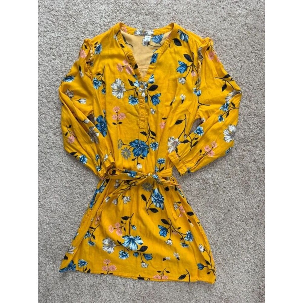 Old Navy Yellow Floral Shirt Dress Large Long Sleeve Ruffle Tie Waist Mini